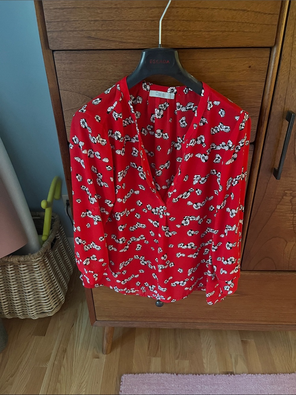 Dalia Red Floral V-Neck Blouse with White and Black Accents